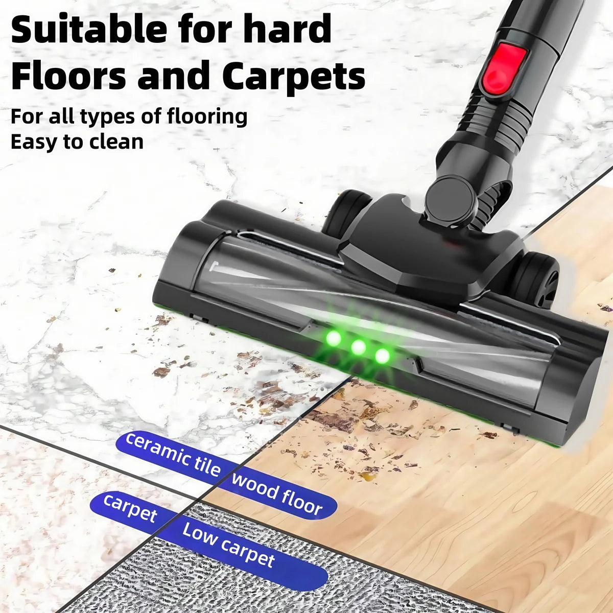 Aspirateur balai sans fil LAMZIEN, avec lumière LED verte, 40 000 PA, batterie rechargeable, autonomie de 40 minutes, pour poils d'animaux/tapis/sols durs