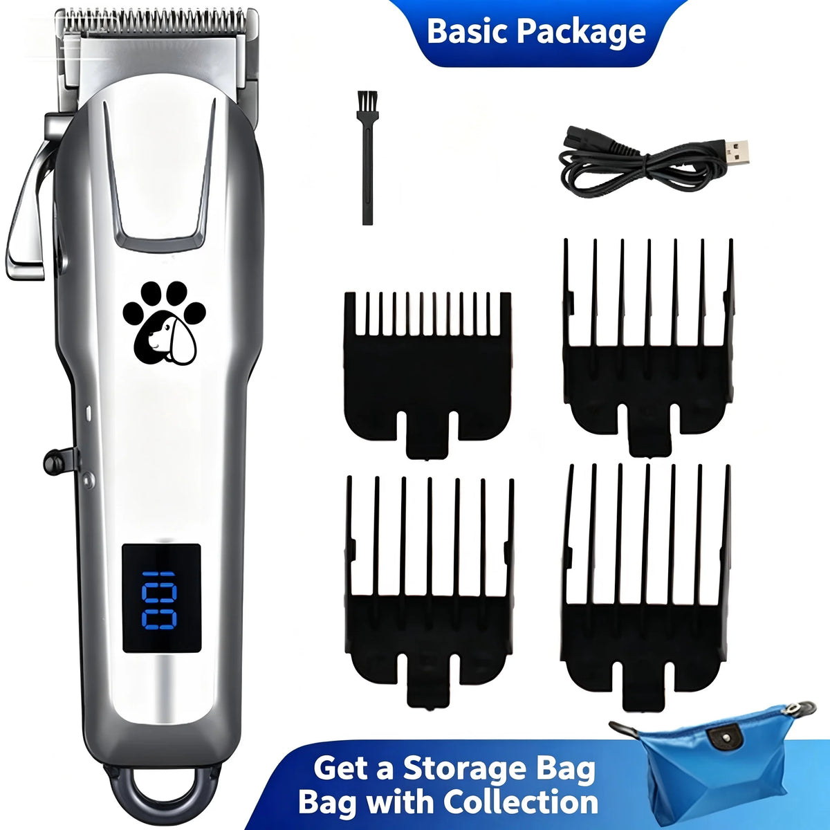 Tondeuse à poils pour animaux rechargeable par USB, faible bruit, tondeuse pour toilettage des chiens, écran LCD, 4 peignes de guidage, kit de rasage professionnel pour animaux
