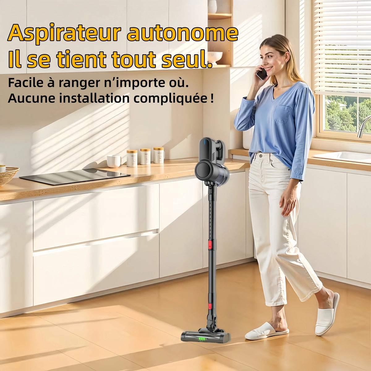 Aspirateur balai sans fil LAMZIEN, avec lumière LED verte, 40 000 PA, batterie rechargeable, autonomie de 40 minutes, pour poils d'animaux/tapis/sols durs
