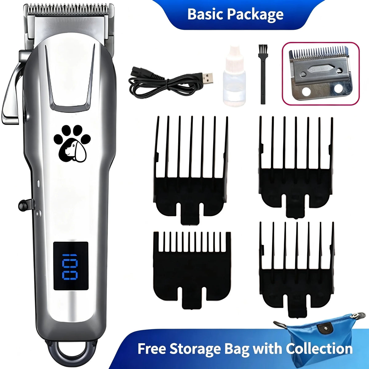 Tondeuse à poils pour animaux rechargeable par USB, faible bruit, tondeuse pour toilettage des chiens, écran LCD, 4 peignes de guidage, kit de rasage professionnel pour animaux