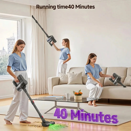 Aspirateur balai sans fil LAMZIEN, avec lumière LED verte, 40 000 PA, batterie rechargeable, autonomie de 40 minutes, pour poils d'animaux/tapis/sols durs