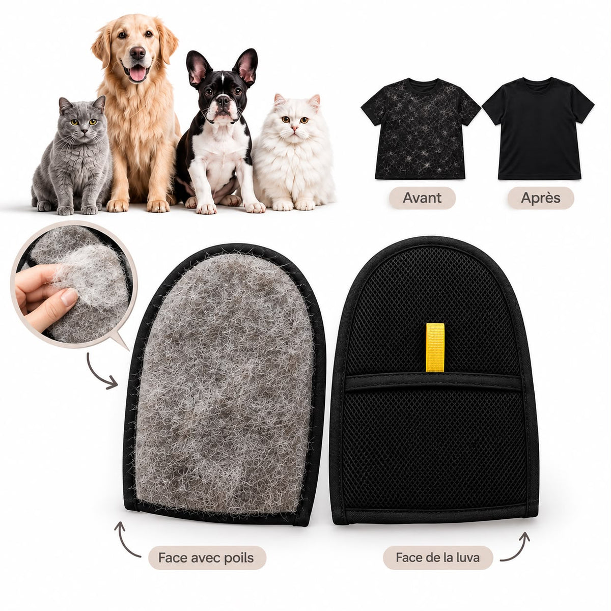 Outil d'épilation pour animaux de compagnie, gants d'élimination statique réutilisables, gants de toilettage Double face pour animaux de compagnie, élimine les poils de fourrure d'animaux pour tapis